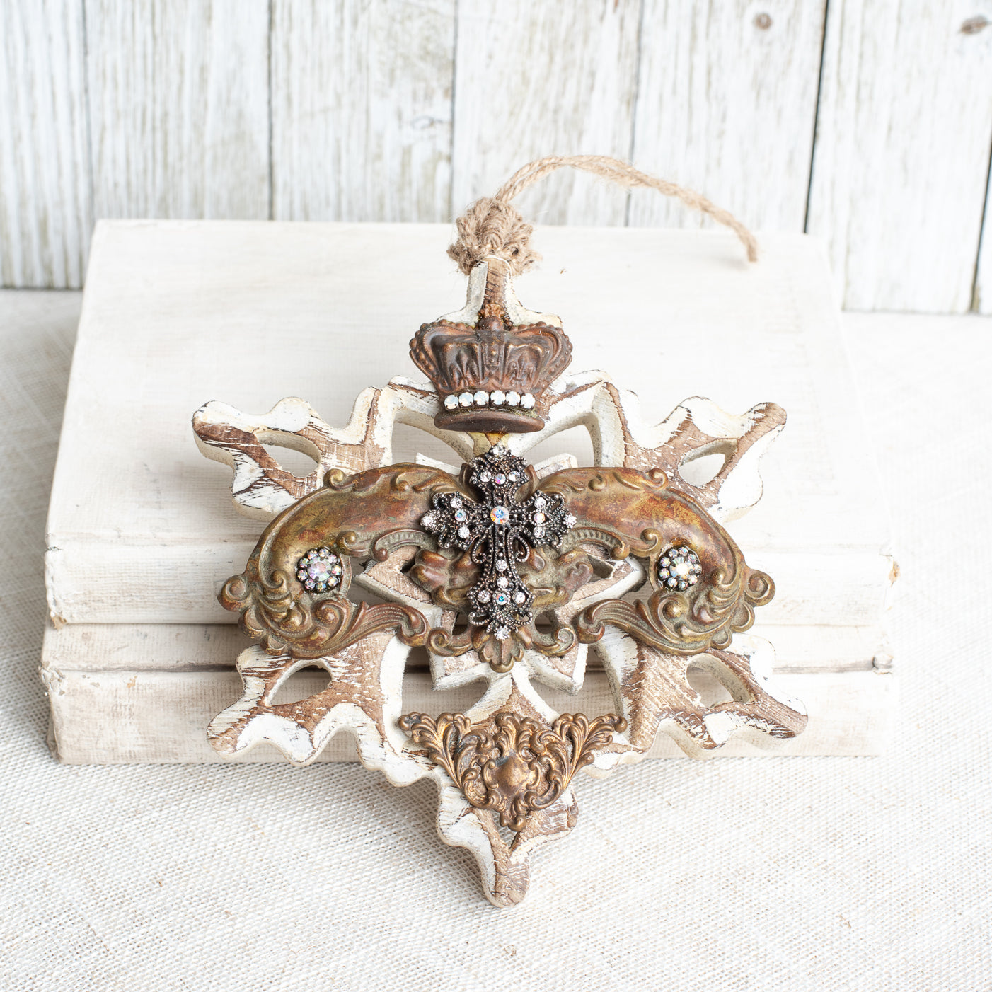 White Washed Wood Decor Ornament with Crown, Cross, Rhinestone, and Brass Embellishments Ornament
