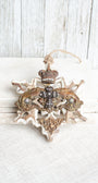 White Washed Wood Decor Ornament with Crown, Cross, Rhinestone, and Brass Embellishments Ornament