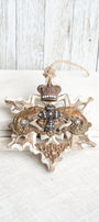 White Washed Wood Decor Ornament with Crown, Cross, Rhinestone, and Brass Embellishments Ornament