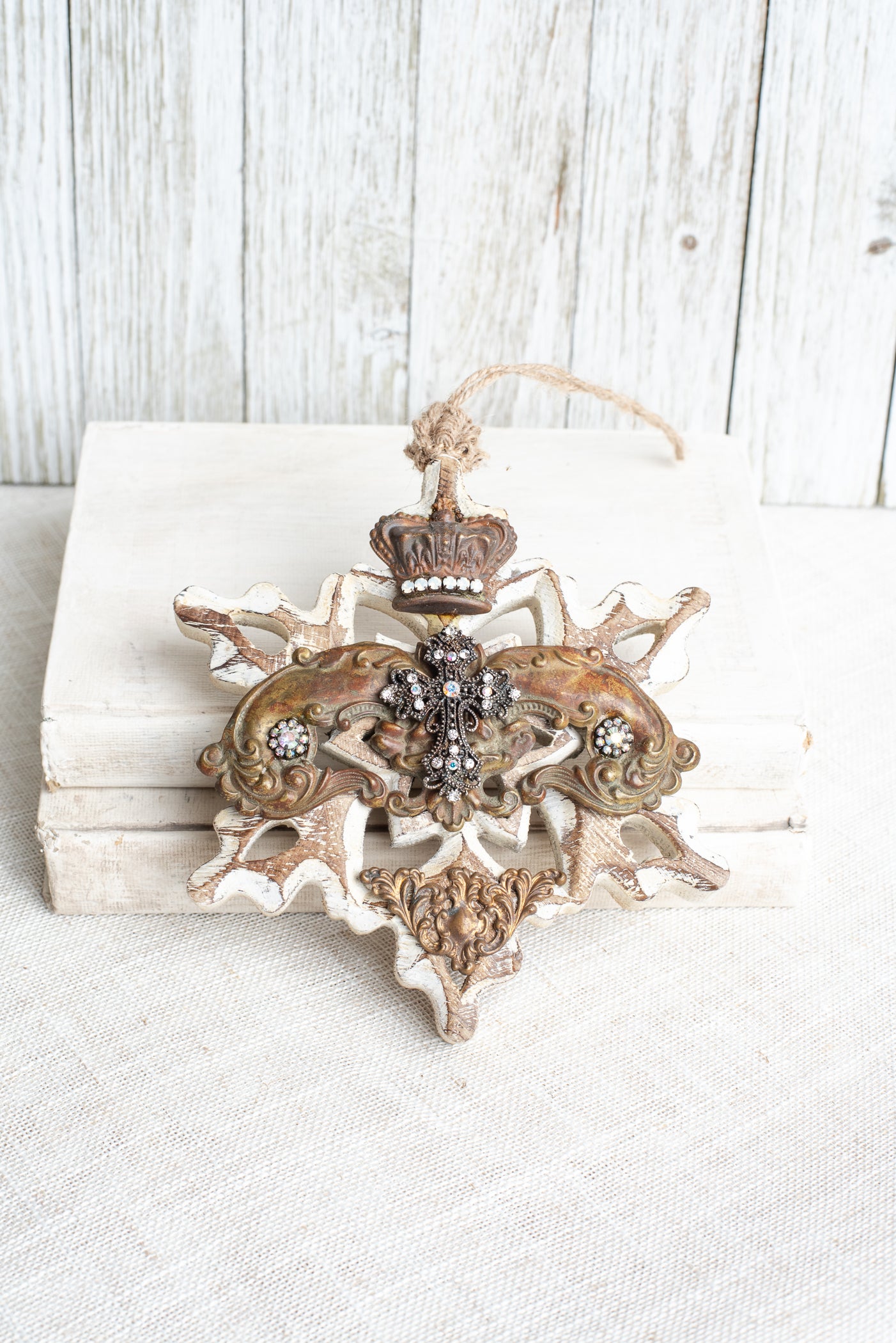 White Washed Wood Decor Ornament with Crown, Cross, Rhinestone, and Brass Embellishments Ornament