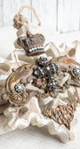 White Washed Wood Decor Ornament with Crown, Cross, Rhinestone, and Brass Embellishments Ornament