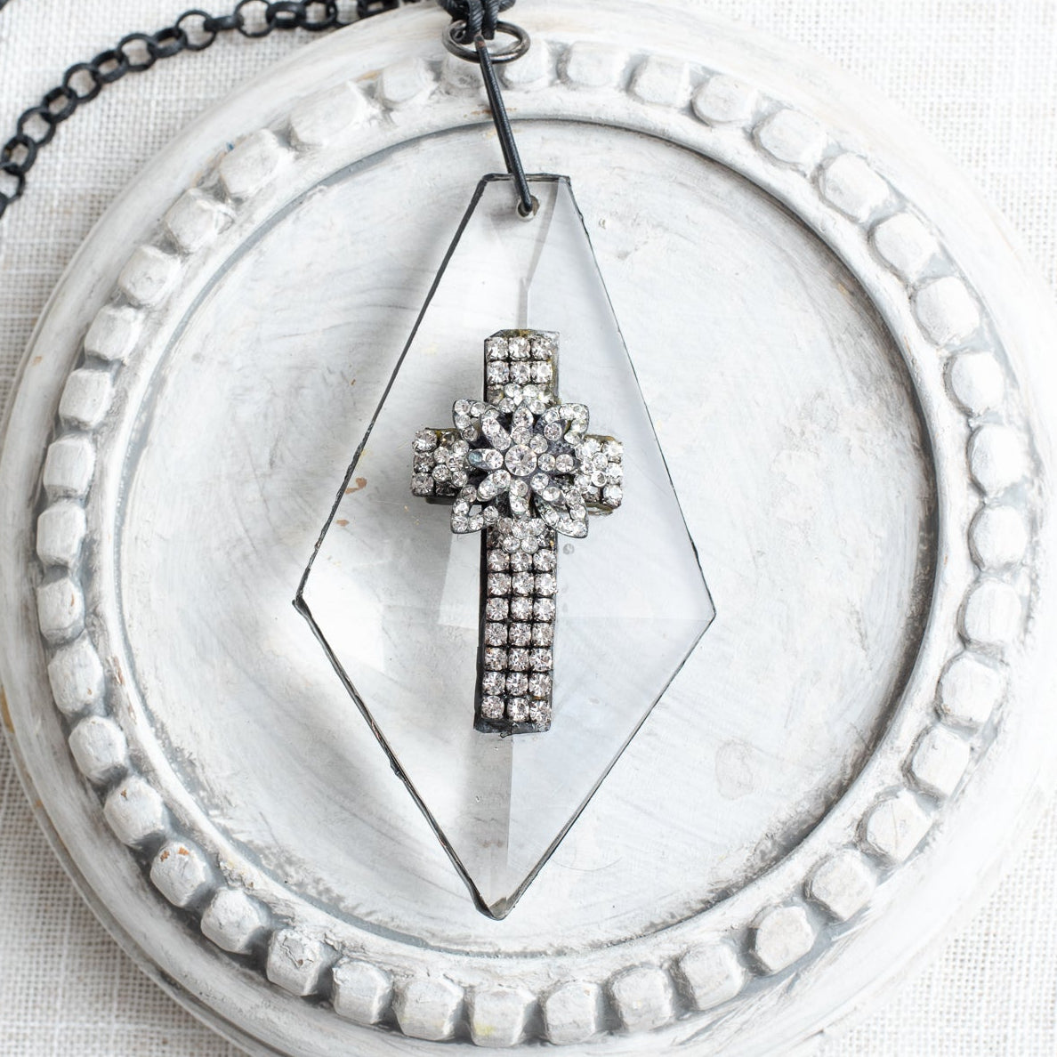 Large Vintage Inspired Art Deco Diamond Shaped Home Decor Ornament with Christian Cross on Bronze Chain
