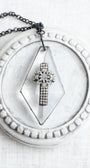 Large Vintage Inspired Art Deco Diamond Shaped Home Decor Ornament with Christian Cross on Bronze Chain