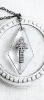 Large Vintage Inspired Art Deco Diamond Shaped Home Decor Ornament with Christian Cross on Bronze Chain