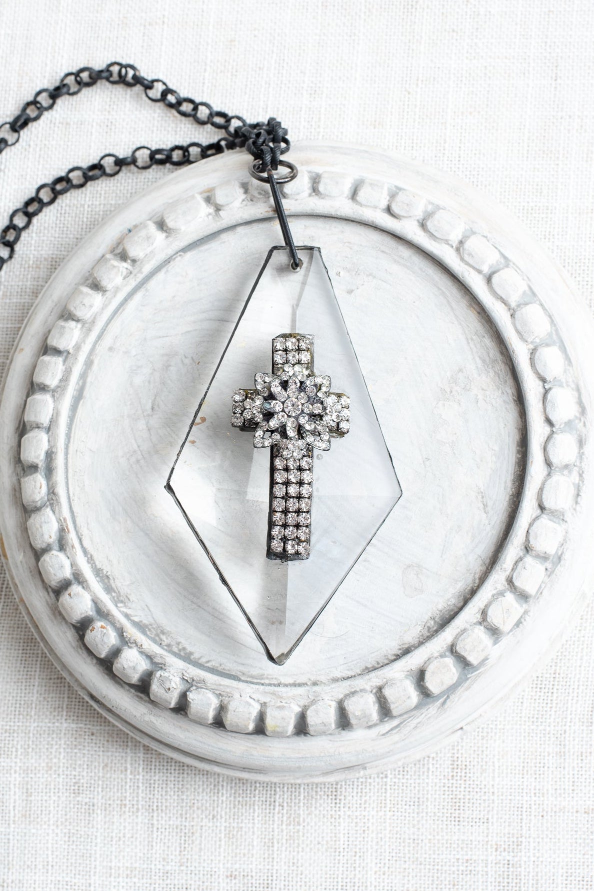 Large Vintage Inspired Art Deco Diamond Shaped Home Decor Ornament with Christian Cross on Bronze Chain
