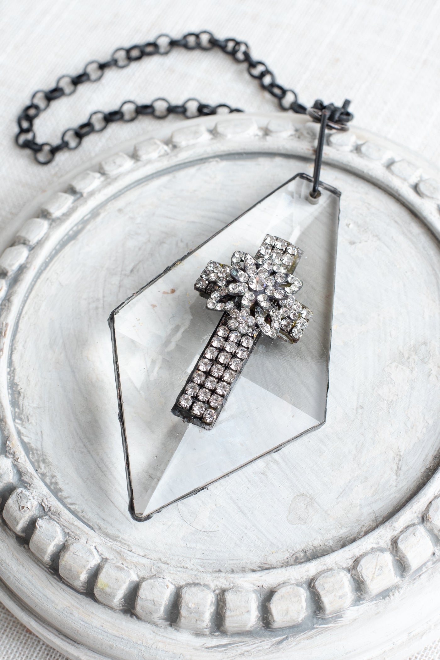 Large Vintage Inspired Art Deco Diamond Shaped Home Decor Ornament with Christian Cross on Bronze Chain