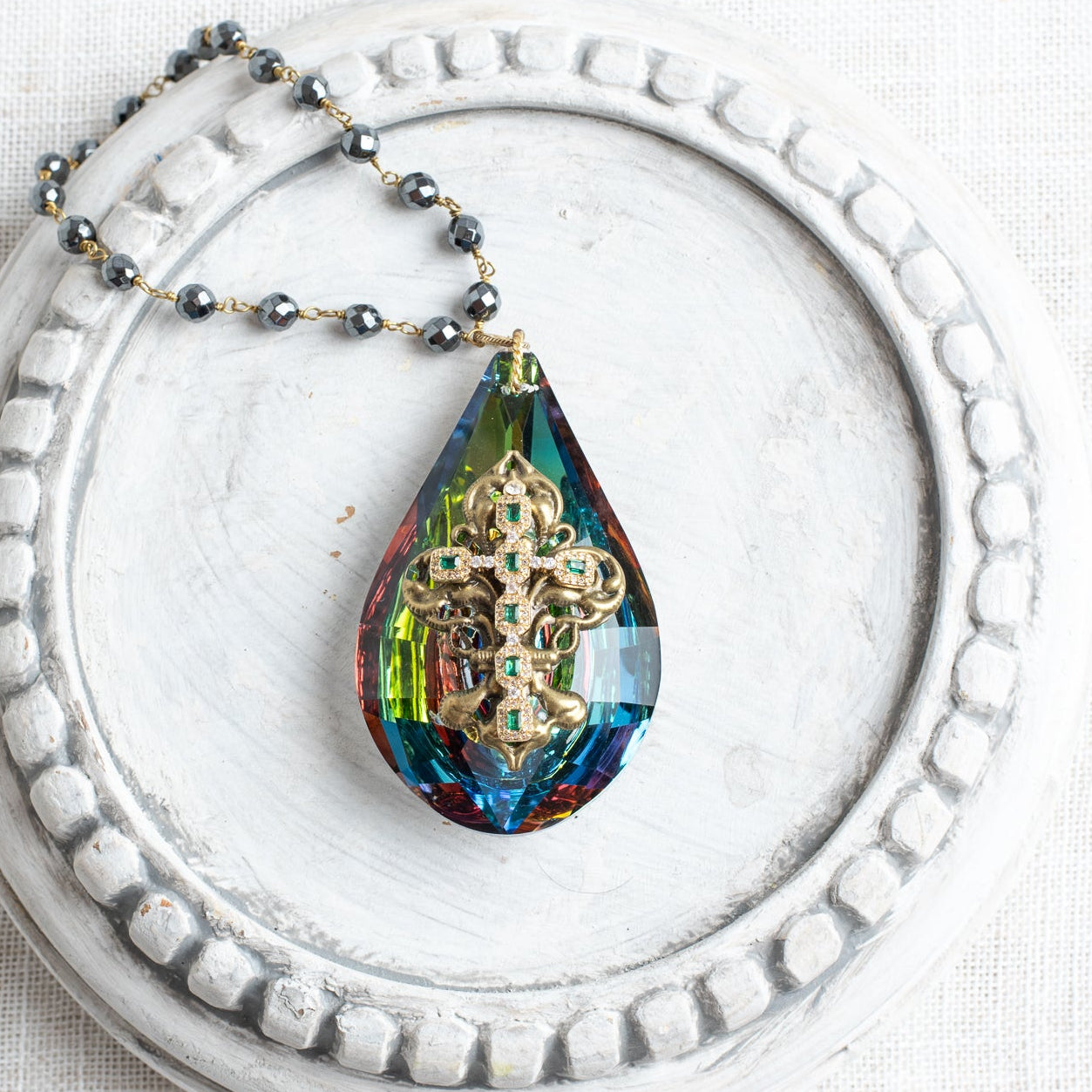 Large Rainbow Teardrop Crystal Decor Ornament with Rhinestone Christian Cross and Hemitite Chain