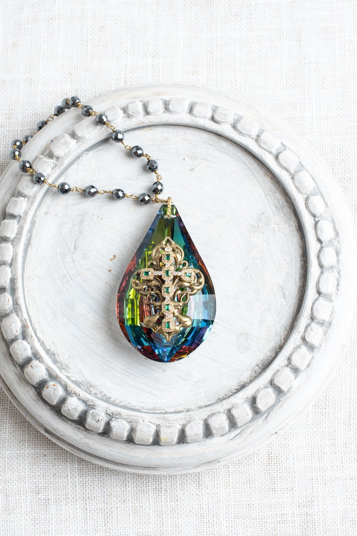 Large Rainbow Teardrop Crystal Decor Ornament with Rhinestone Christian Cross and Hemitite Chain