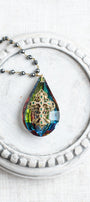 Large Rainbow Teardrop Crystal Decor Ornament with Rhinestone Christian Cross and Hemitite Chain