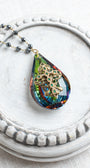 Large Rainbow Teardrop Crystal Decor Ornament with Rhinestone Christian Cross and Hemitite Chain