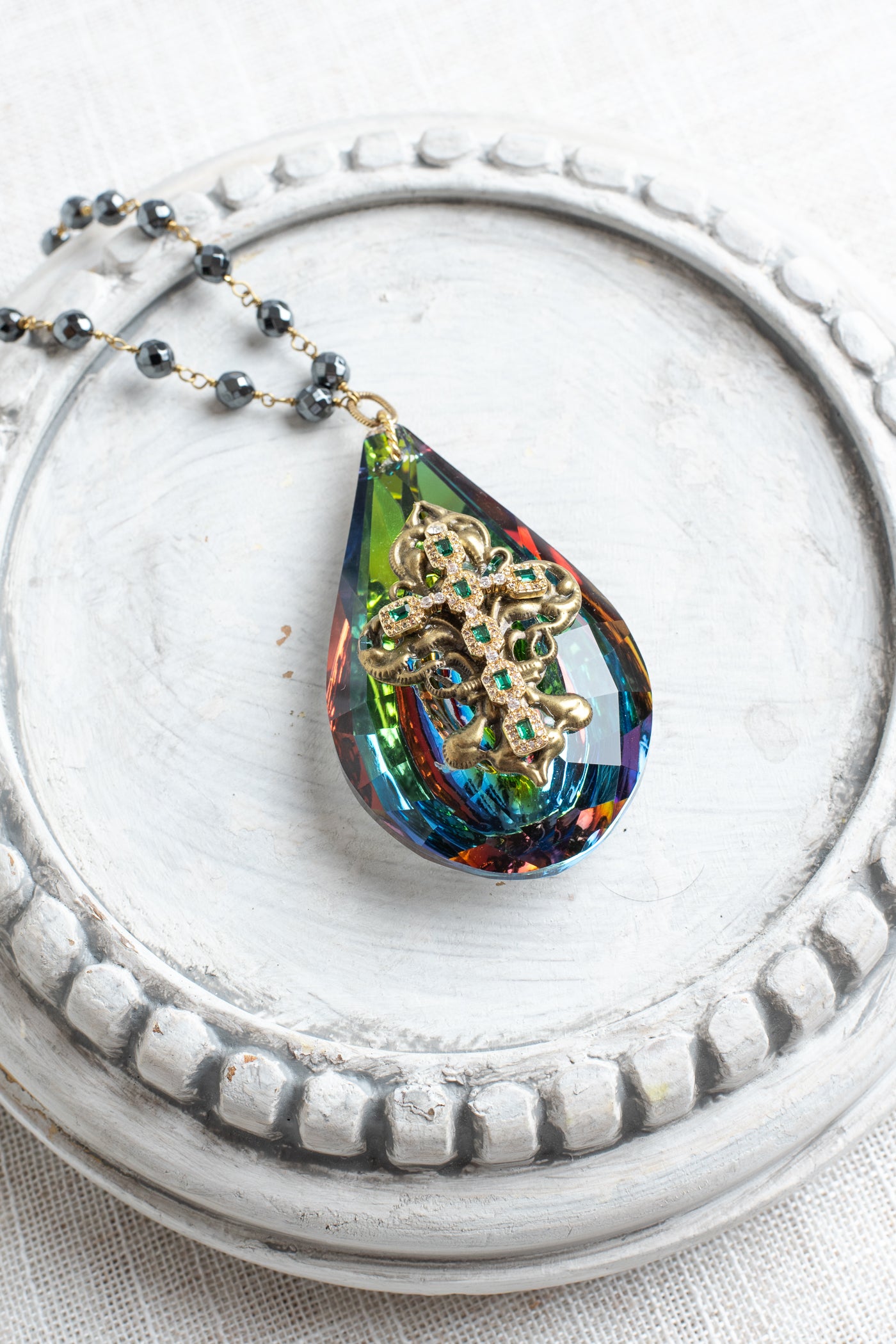 Large Rainbow Teardrop Crystal Decor Ornament with Rhinestone Christian Cross and Hemitite Chain