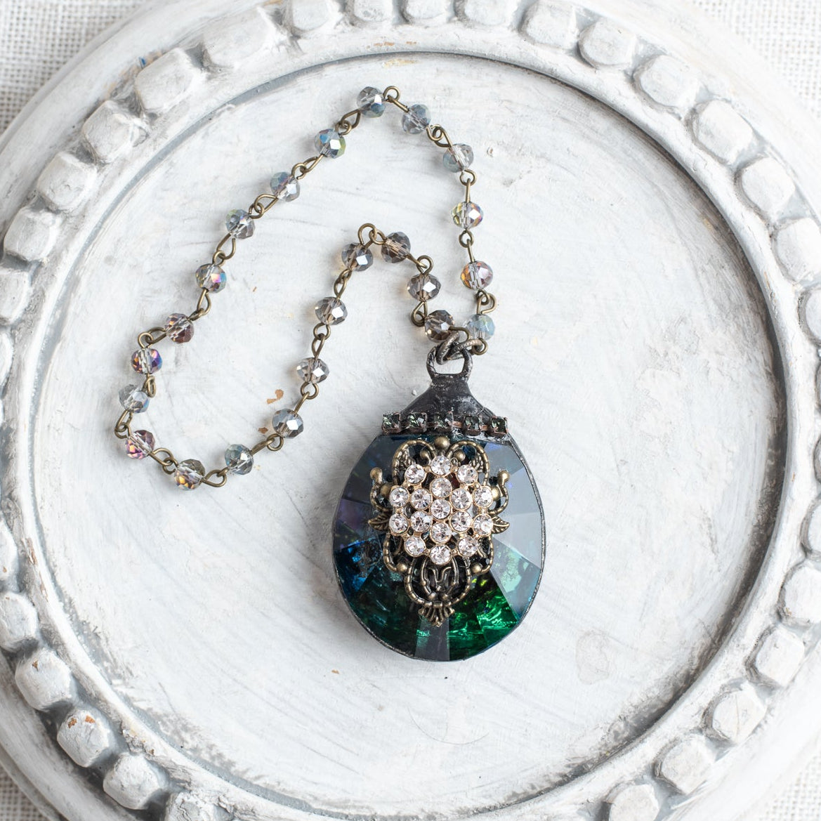 Multicolor Teardrop Crystal Prism Home Decor Ornament with Rhinestone Cluster on Filigree