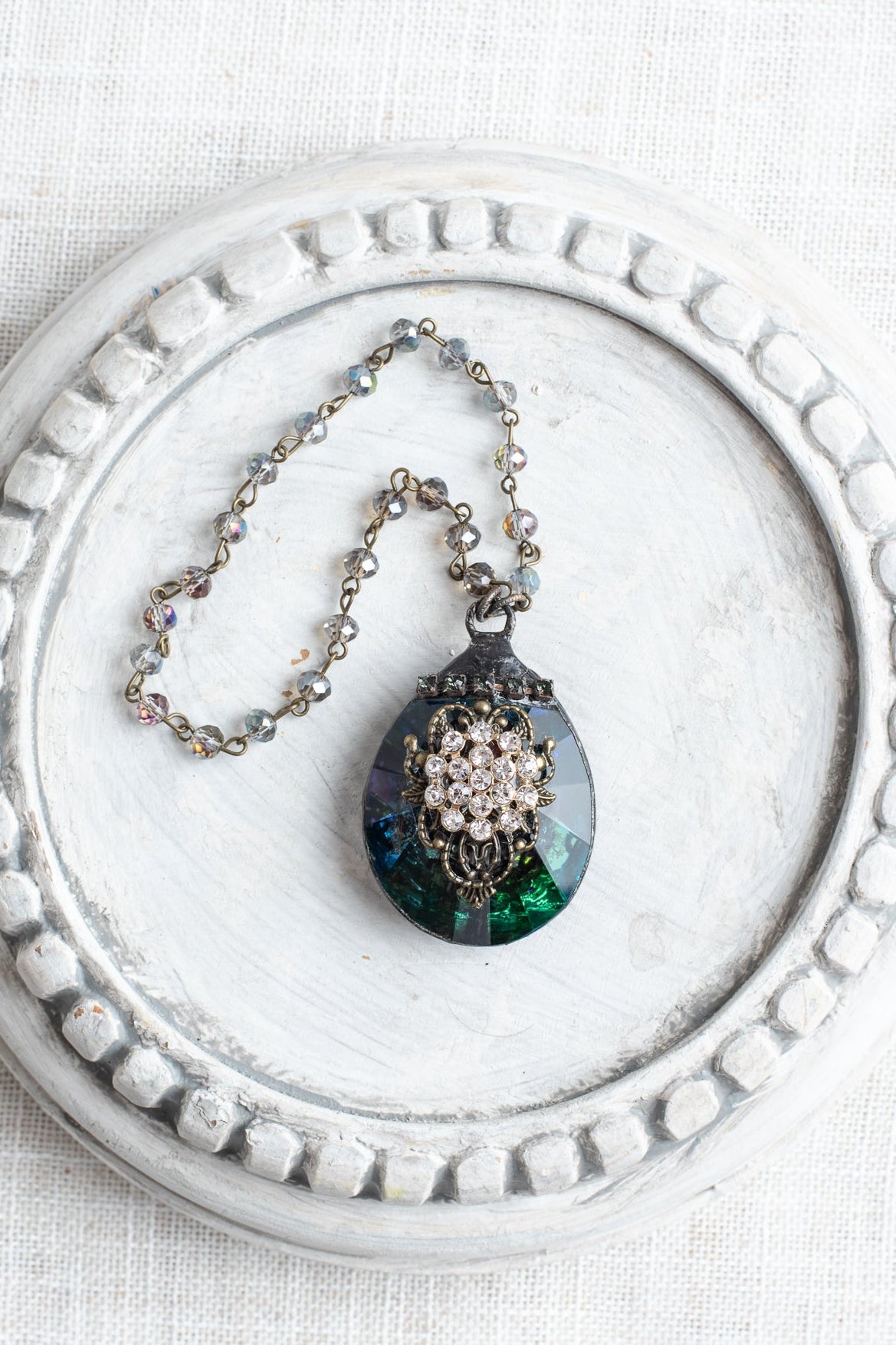 Multicolor Teardrop Crystal Prism Home Decor Ornament with Rhinestone Cluster on Filigree