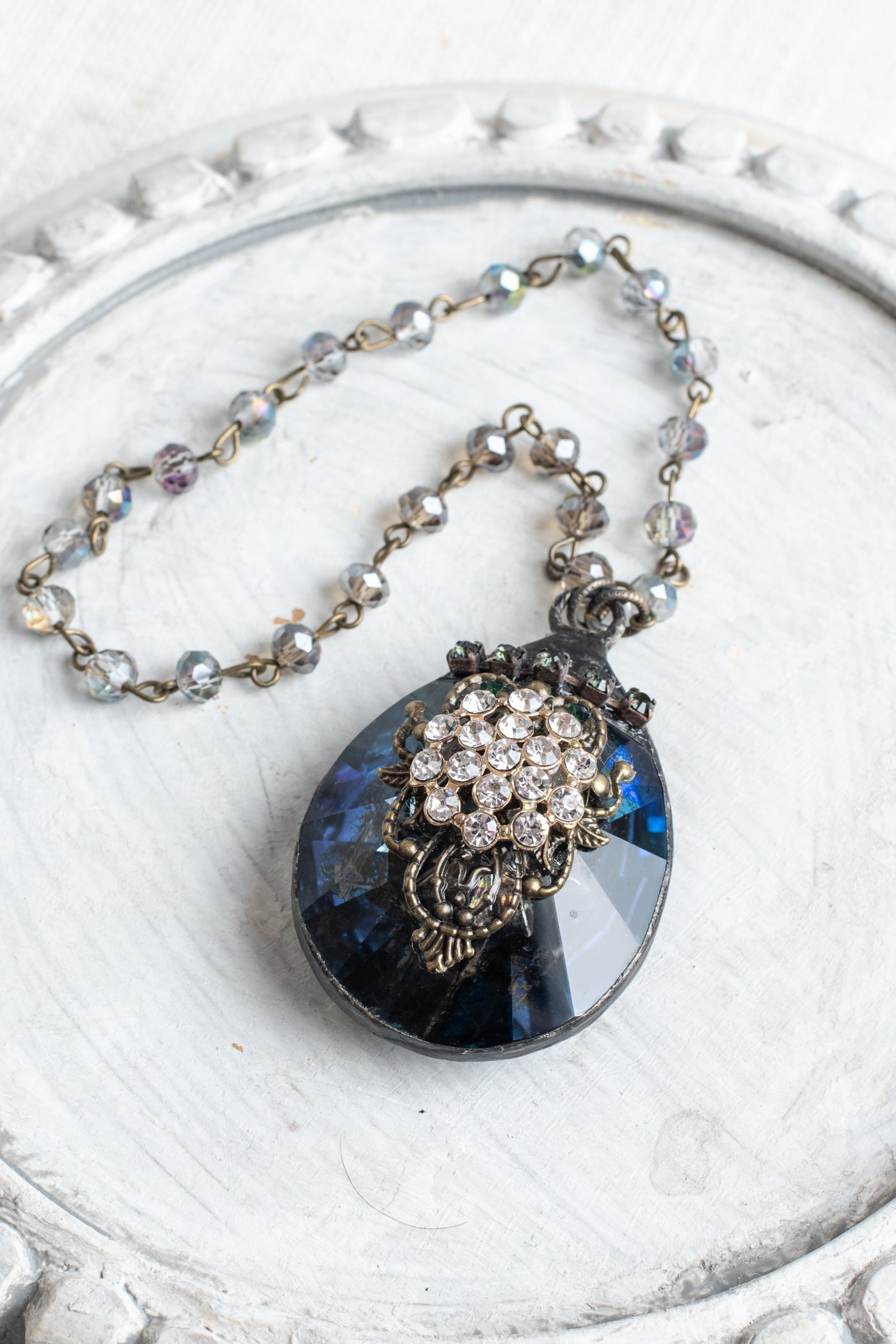 Multicolor Teardrop Crystal Prism Home Decor Ornament with Rhinestone Cluster on Filigree