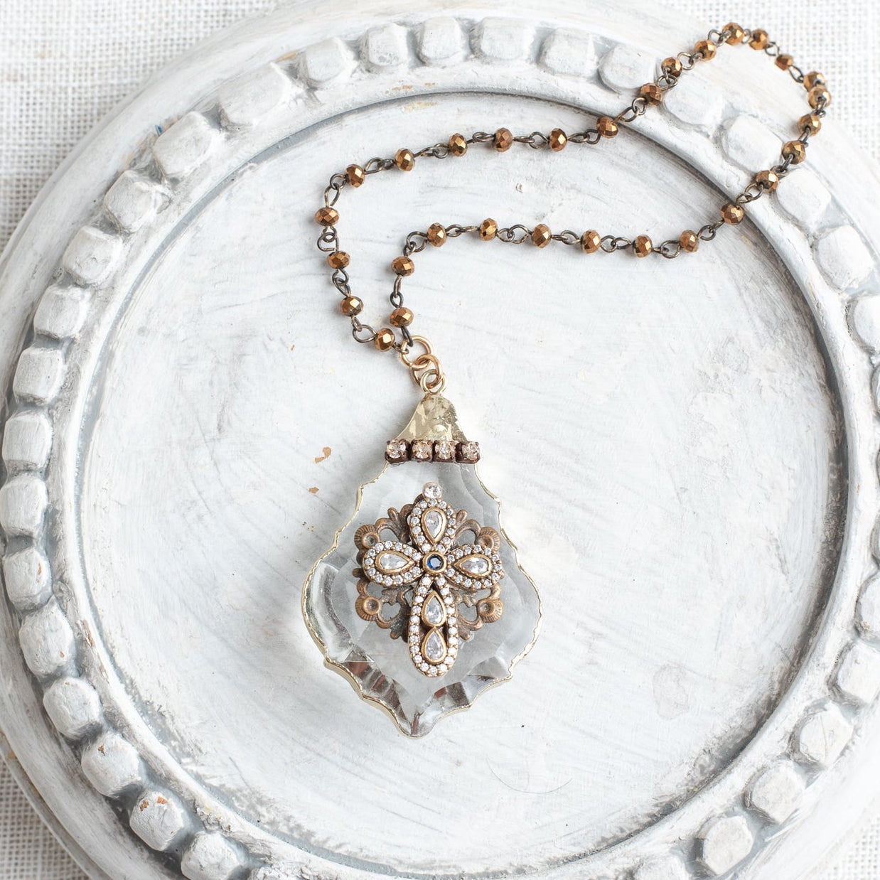 Tear Drop Faceted Home Decor Ornament with Gold Plated Pave Christian Cross