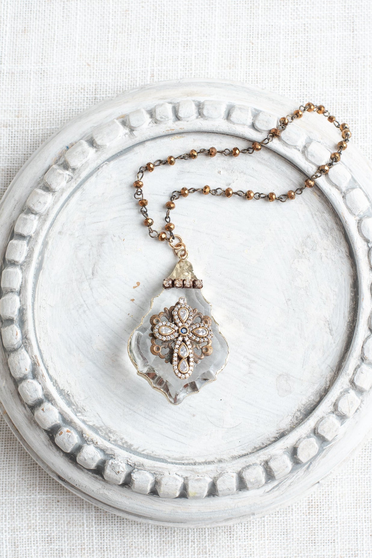 Tear Drop Faceted Home Decor Ornament with Gold Plated Pave Christian Cross