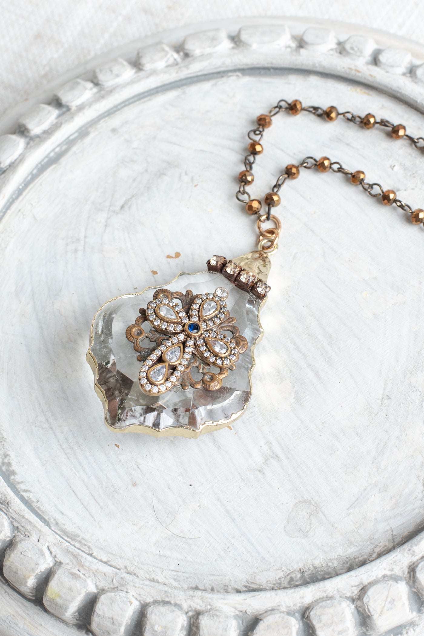 Tear Drop Faceted Home Decor Ornament with Gold Plated Pave Christian Cross