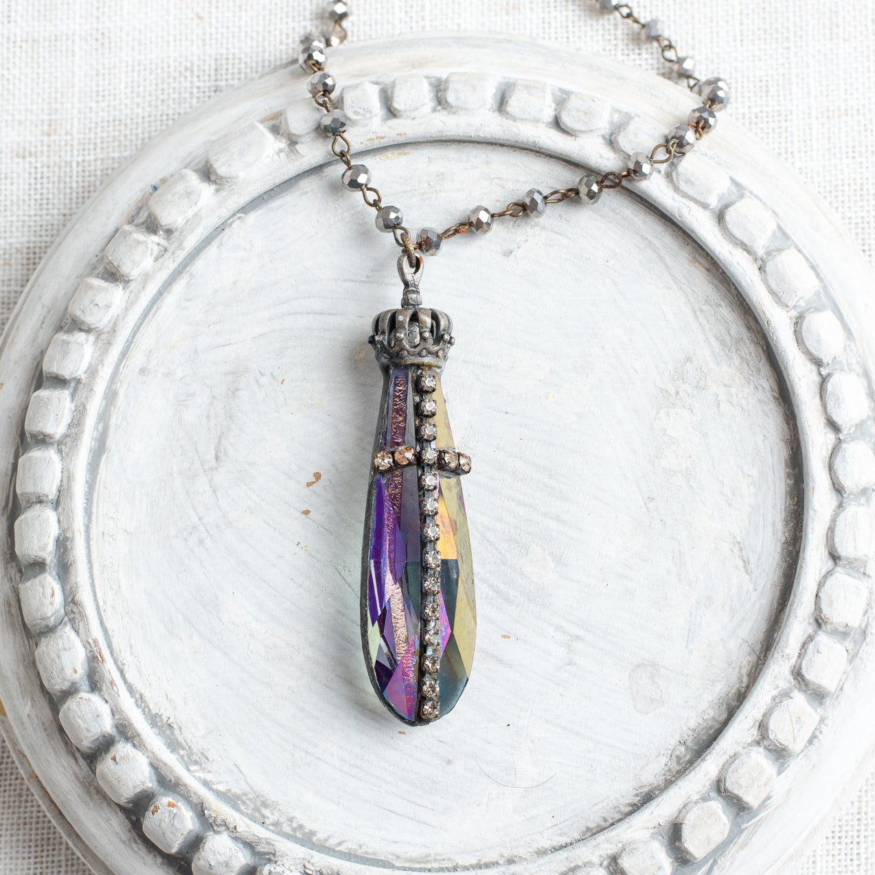 Rhinestone Christian Cross on Hand Soldered Long AB Crystal with Crown and Hanging Rosary Chain