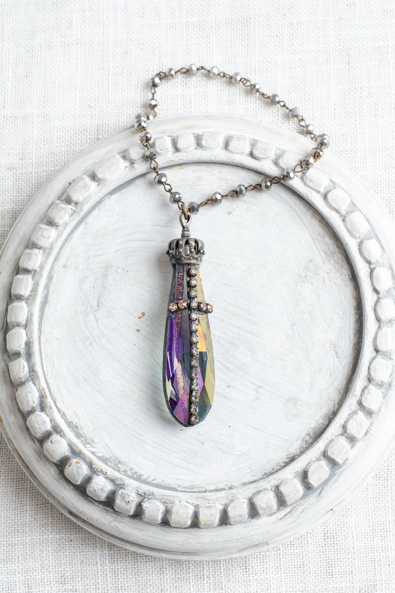 Rhinestone Christian Cross on Hand Soldered Long AB Crystal with Crown and Hanging Rosary Chain