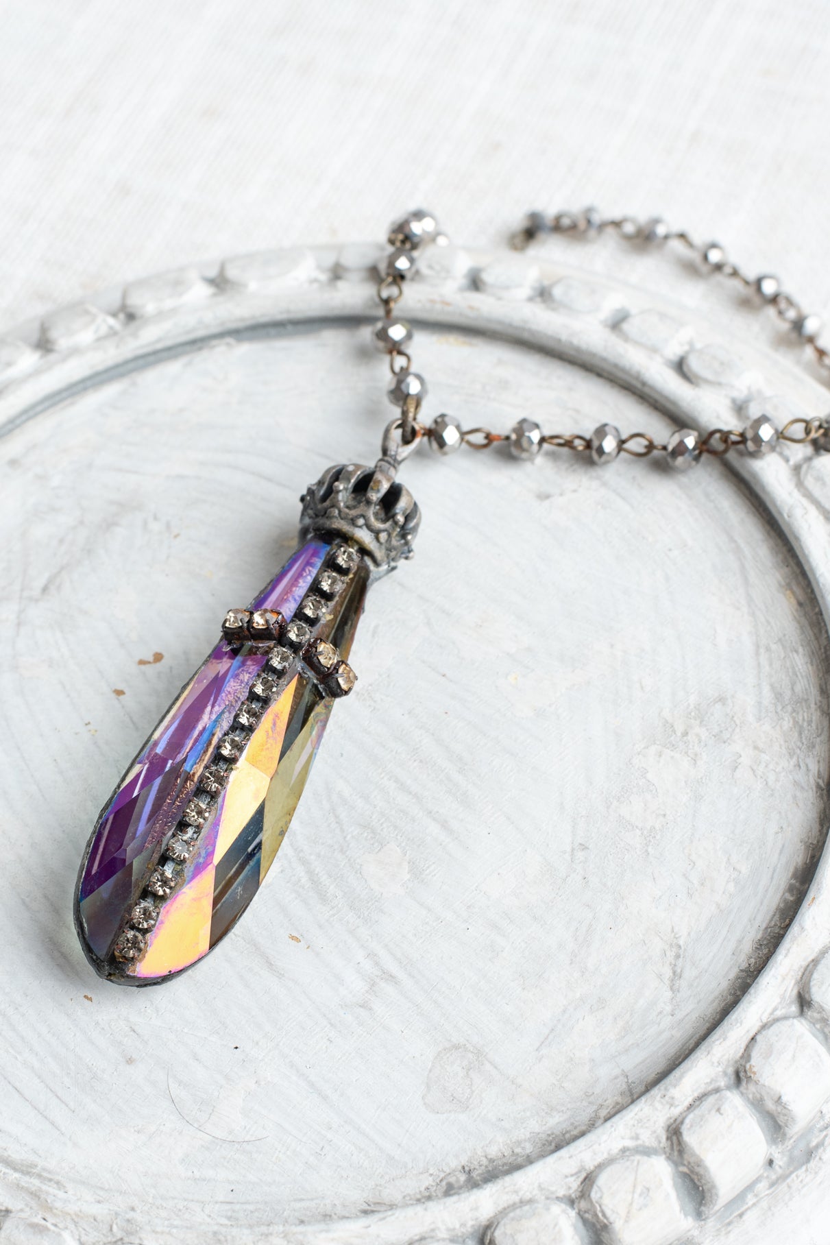 Rhinestone Christian Cross on Hand Soldered Long AB Crystal with Crown and Hanging Rosary Chain