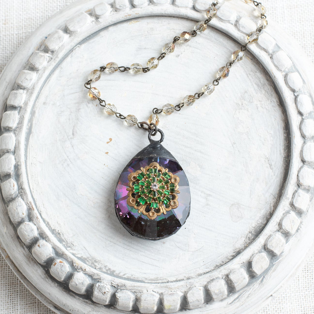 Multicolor Teardrop Crystal Faceted Prism Decor Ornament Hand Soldered with Antique Jewelry Flower