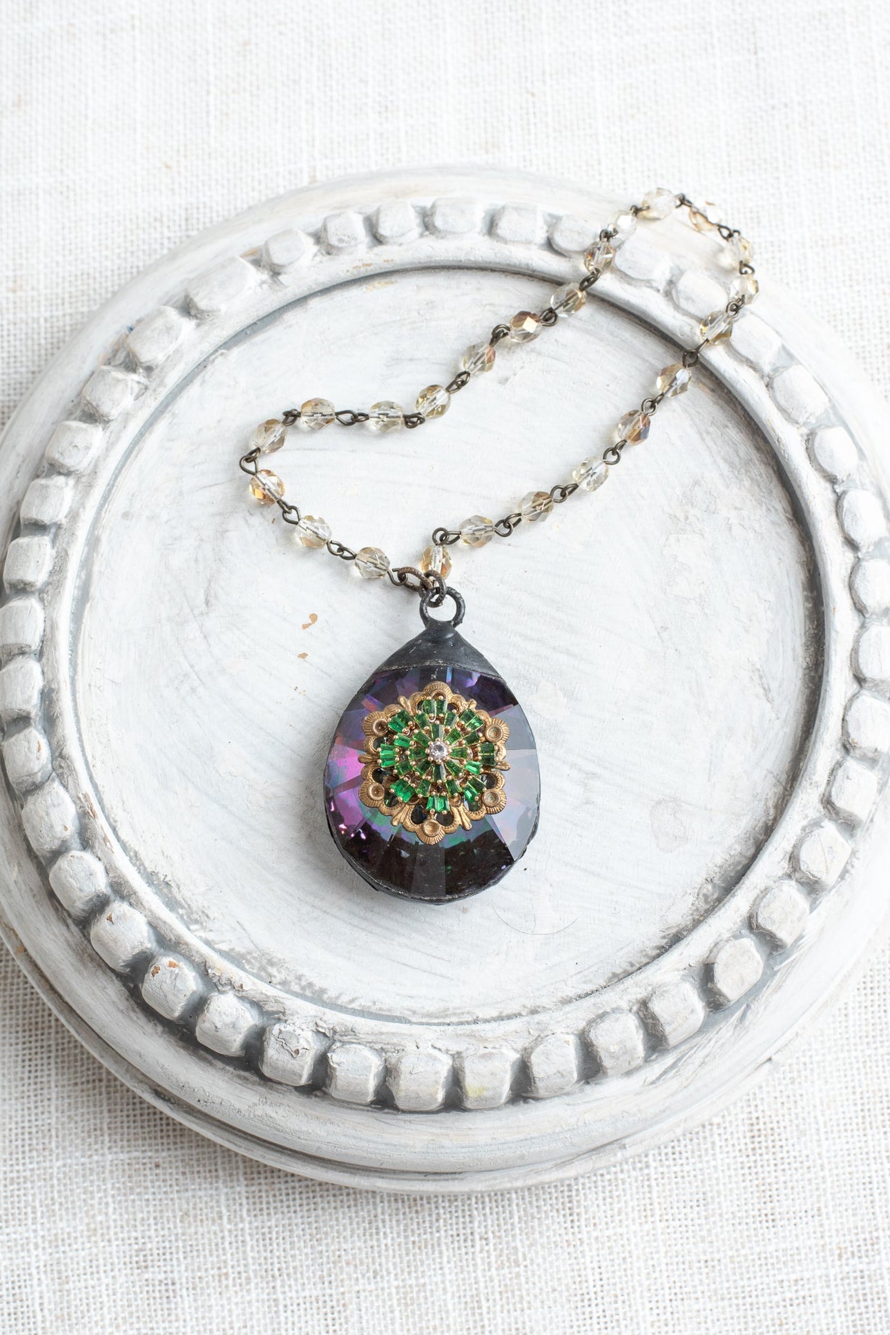 Multicolor Teardrop Crystal Faceted Prism Decor Ornament Hand Soldered with Antique Jewelry Flower