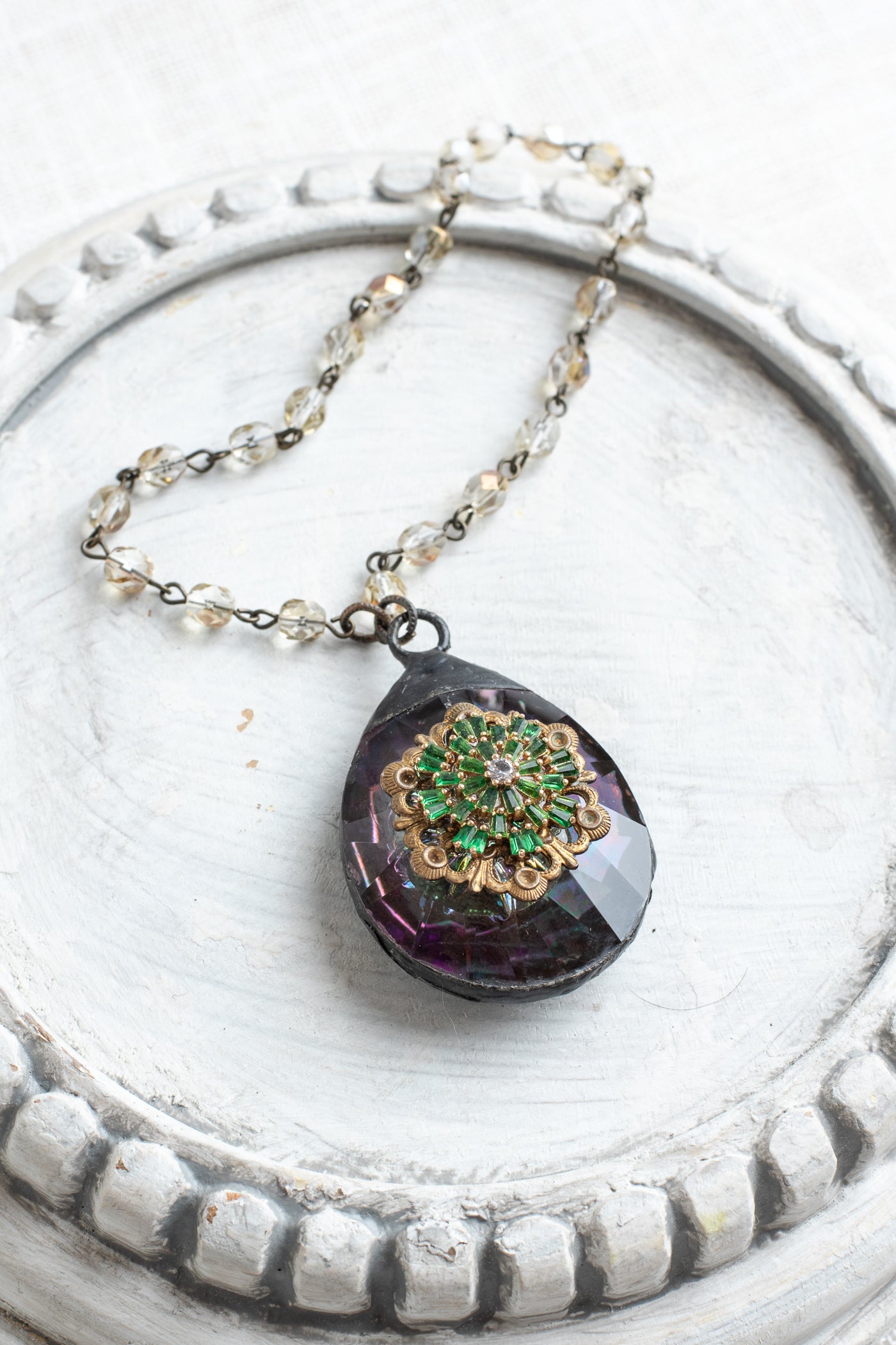 Multicolor Teardrop Crystal Faceted Prism Decor Ornament Hand Soldered with Antique Jewelry Flower