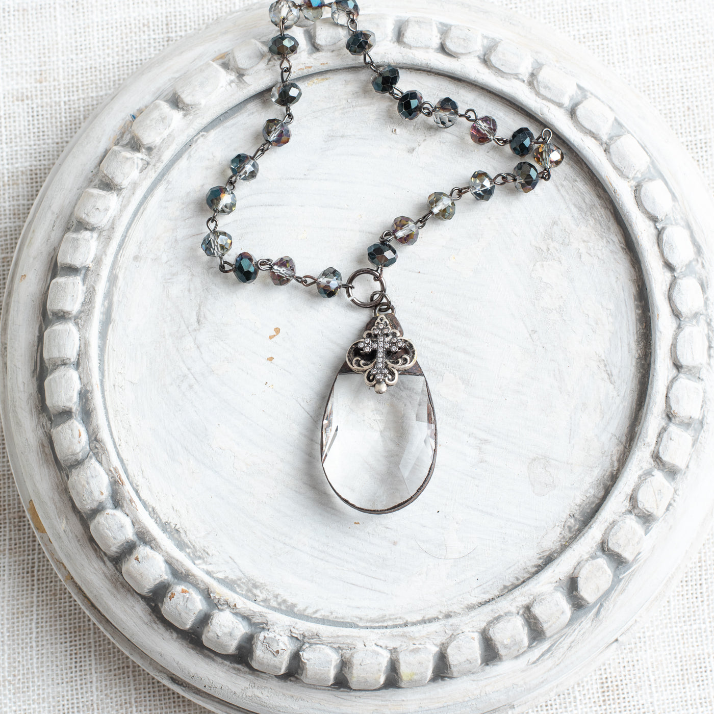 Tear Drop Faceted Home Decor Ornament with Black Plated Pave Christian Cross