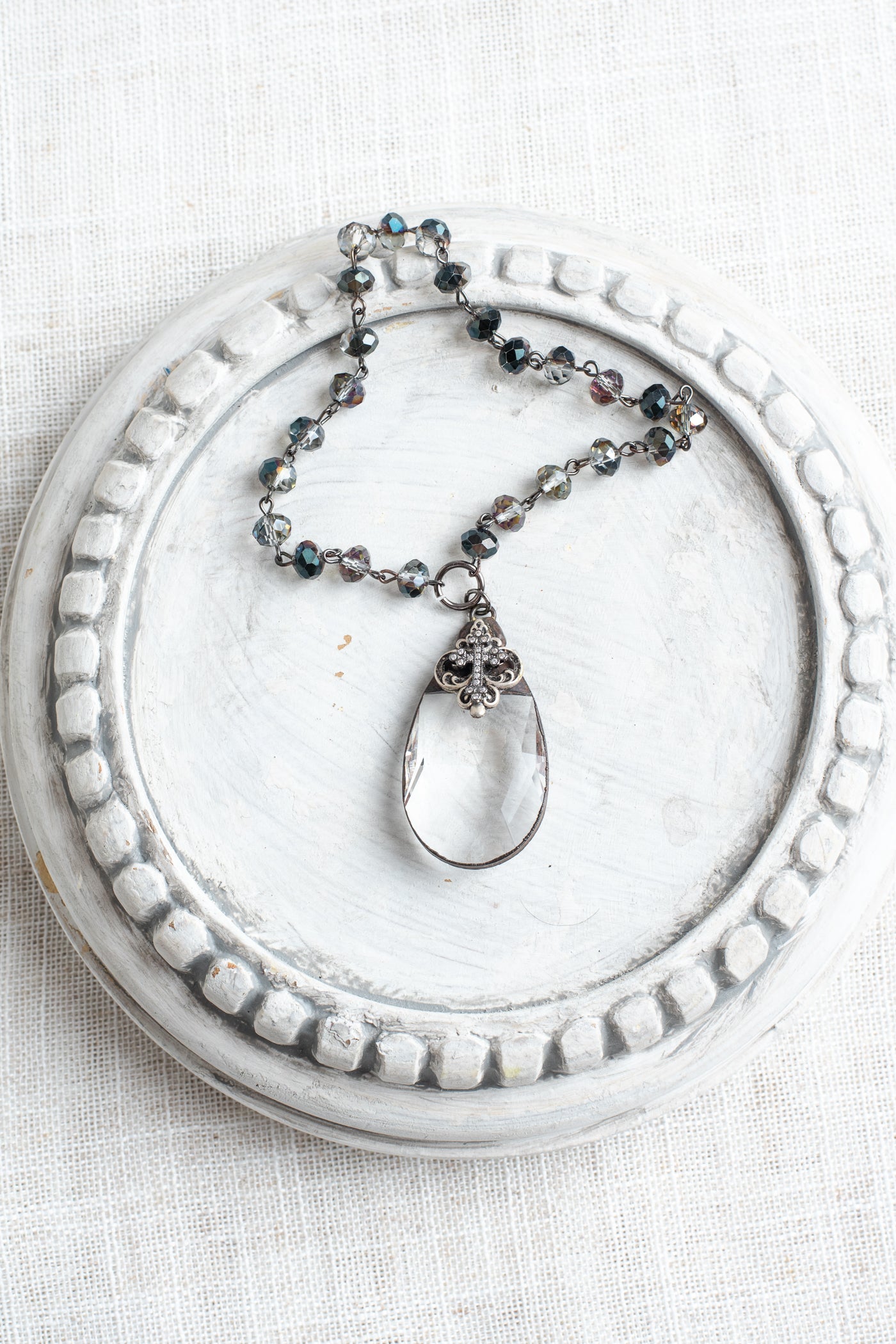 Tear Drop Faceted Home Decor Ornament with Black Plated Pave Christian Cross