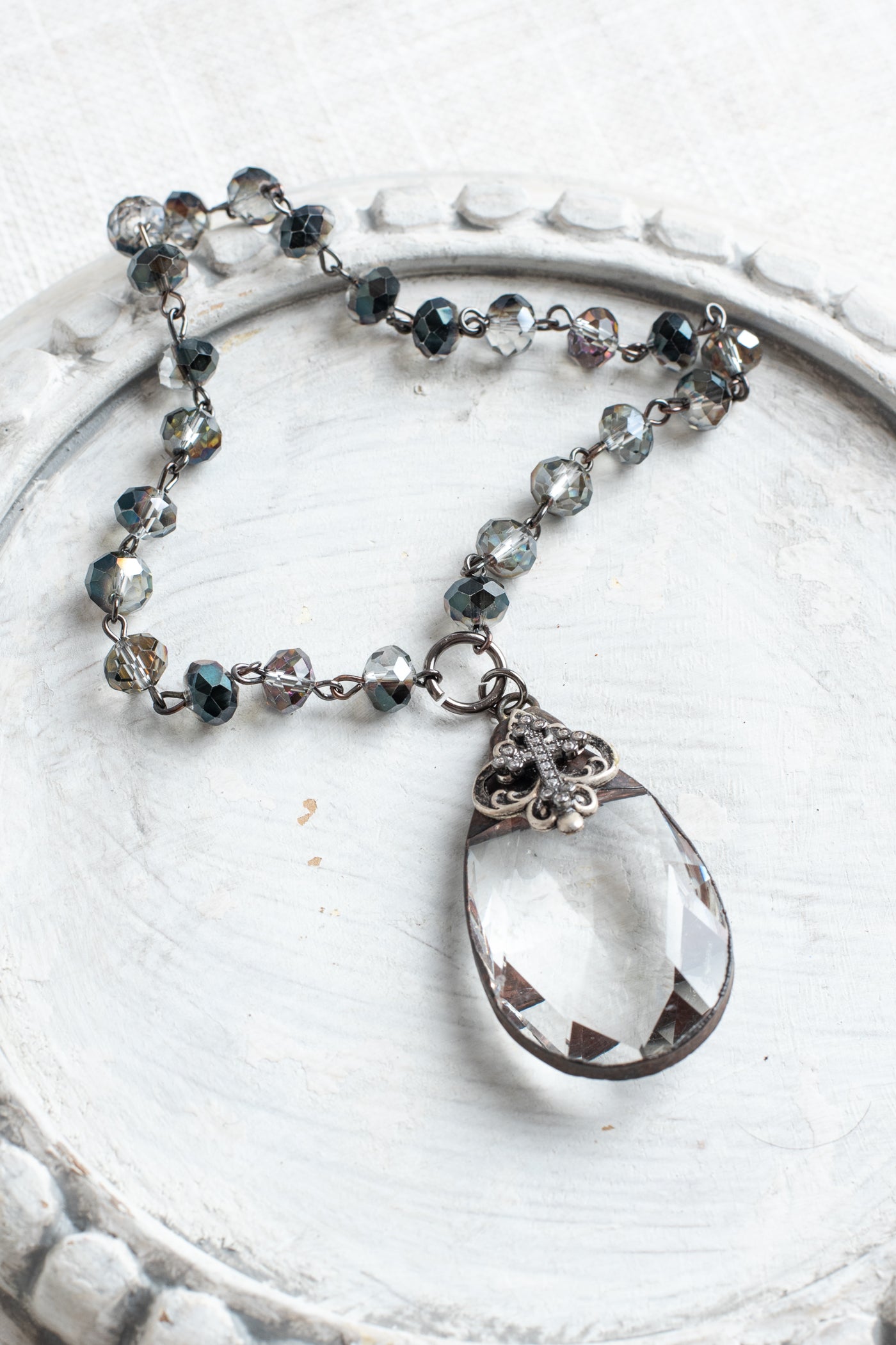 Tear Drop Faceted Home Decor Ornament with Black Plated Pave Christian Cross