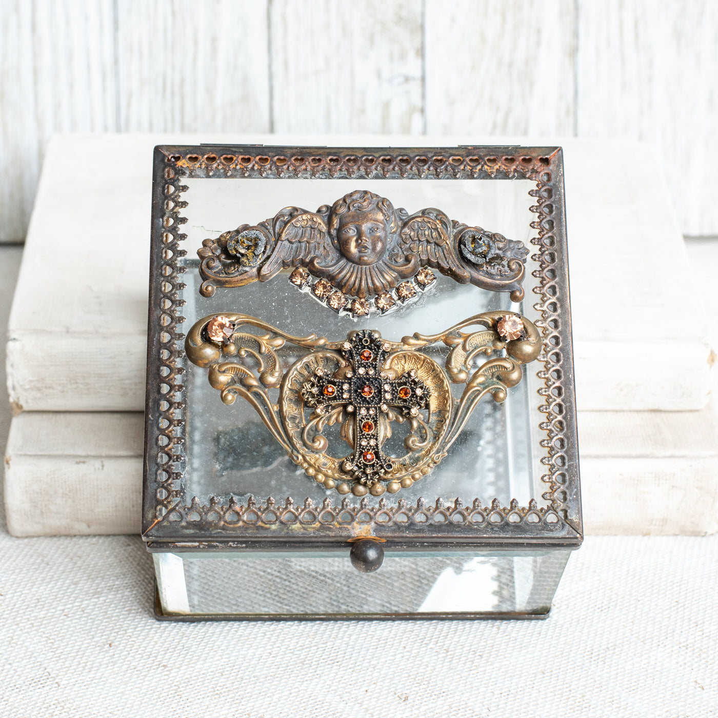 Vintage Inspired Beveled Glass Cube Decorative Box with Angel Filigree and Christian Cross and Elements