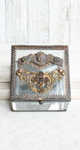 Vintage Inspired Beveled Glass Cube Decorative Box with Angel Filigree and Christian Cross and Elements