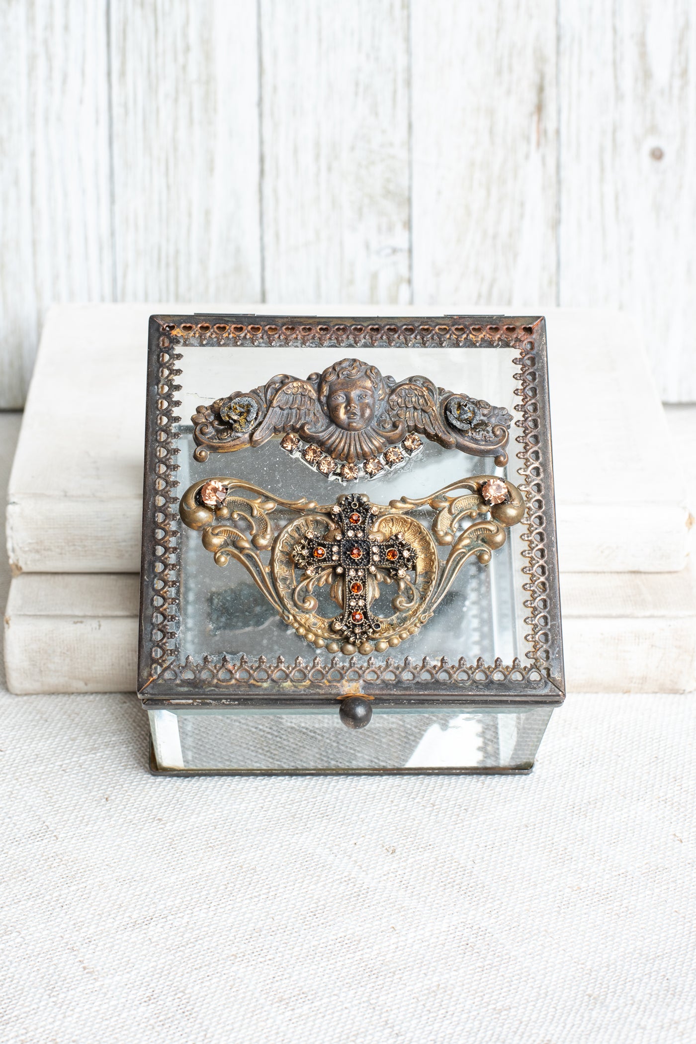 Vintage Inspired Beveled Glass Cube Decorative Box with Angel Filigree and Christian Cross and Elements