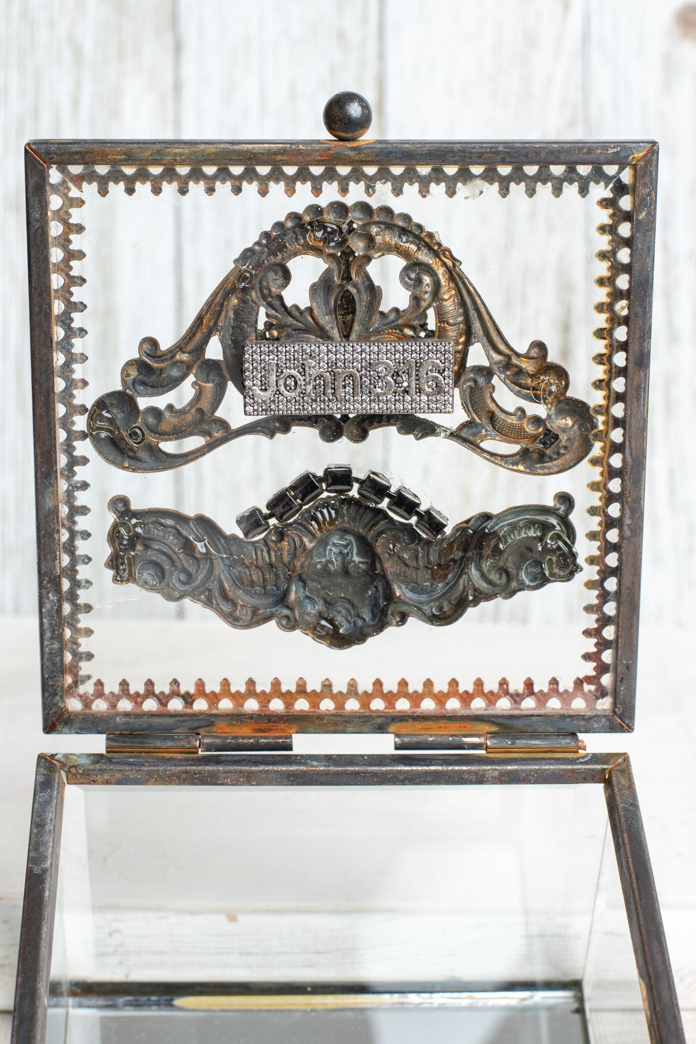 Vintage Inspired Beveled Glass Cube Decorative Box with Angel Filigree and Christian Cross and Elements