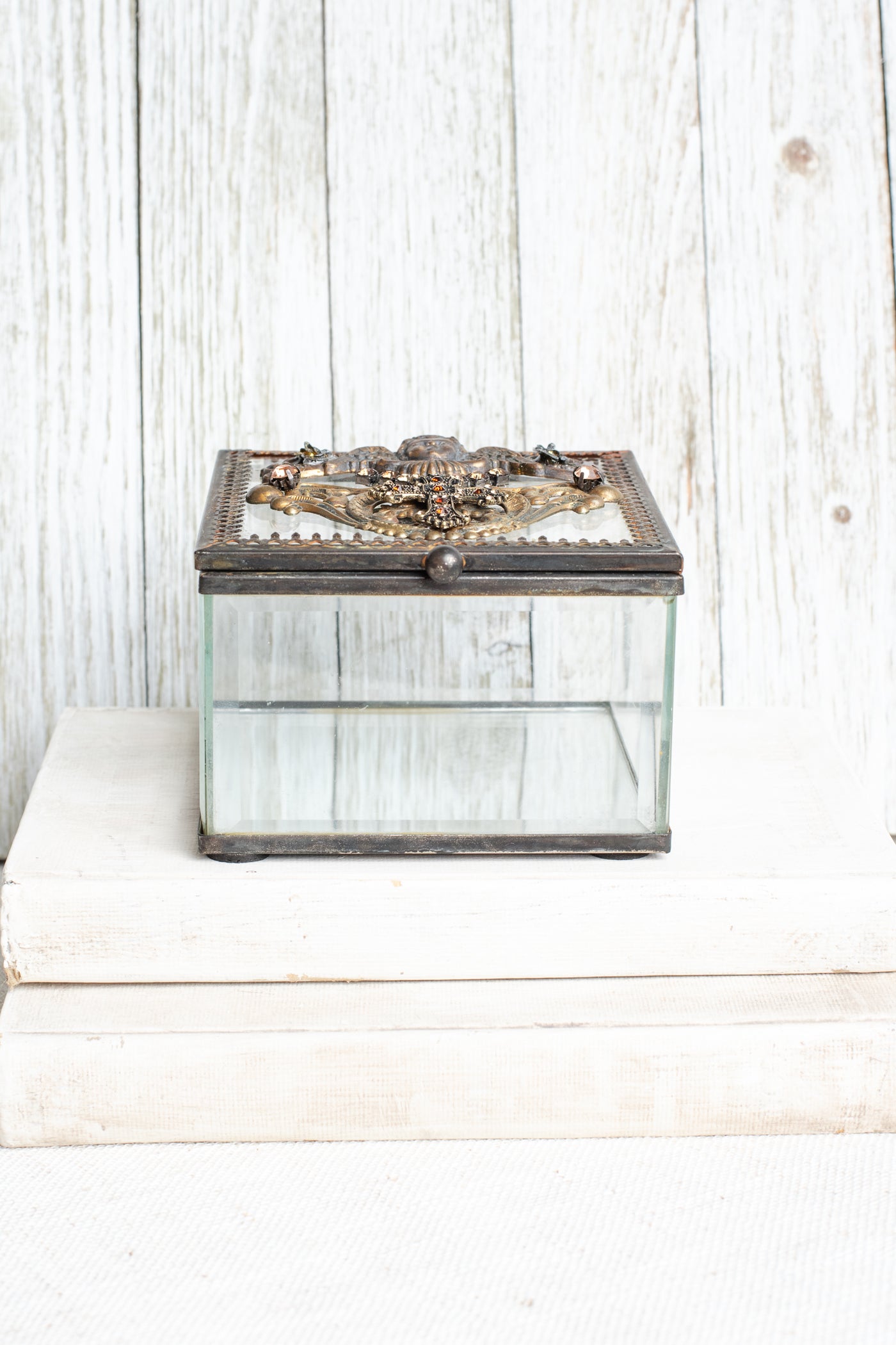 Vintage Inspired Beveled Glass Cube Decorative Box with Angel Filigree and Christian Cross and Elements