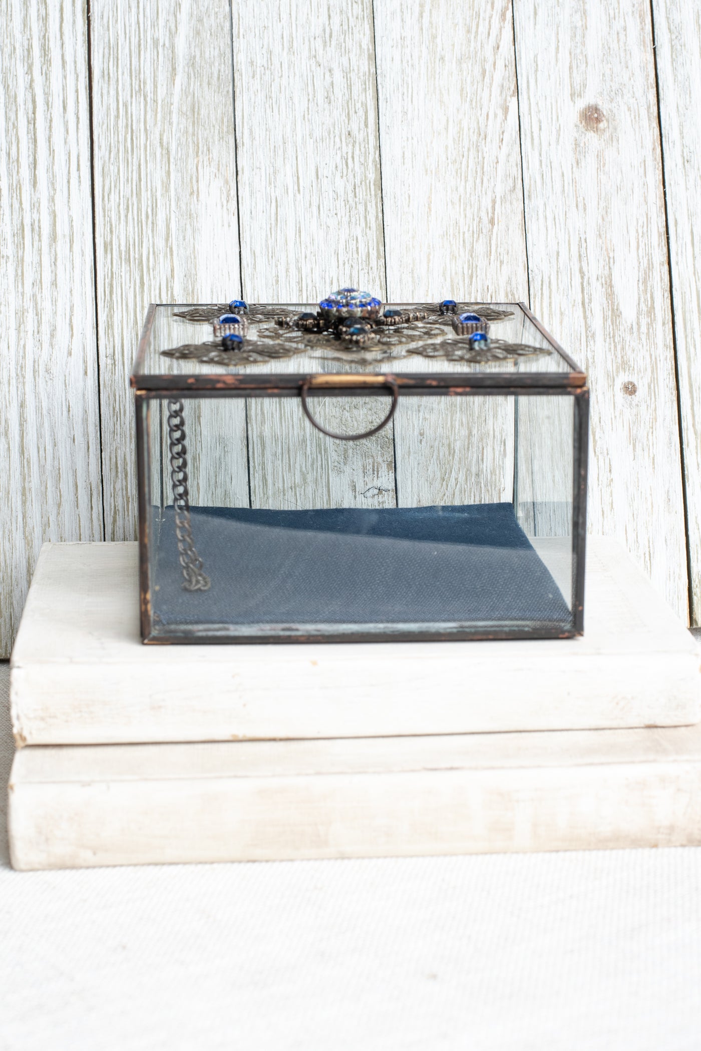 Decorative Glass Vintage Inspired Box with Large Black Rhinestone Cross and Cobalt Blue Rhinestone Elements