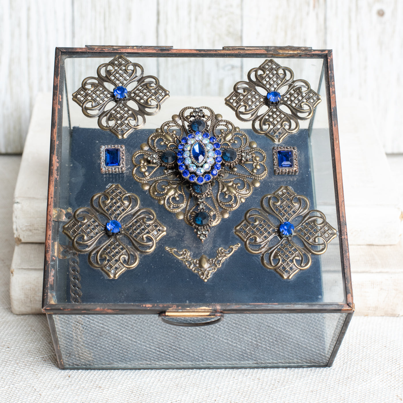 Decorative Glass Vintage Inspired Box with Large Black Rhinestone Cross and Cobalt Blue Rhinestone Elements
