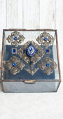 Decorative Glass Vintage Inspired Box with Large Black Rhinestone Cross and Cobalt Blue Rhinestone Elements