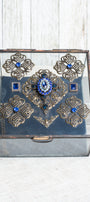 Decorative Glass Vintage Inspired Box with Large Black Rhinestone Cross and Cobalt Blue Rhinestone Elements