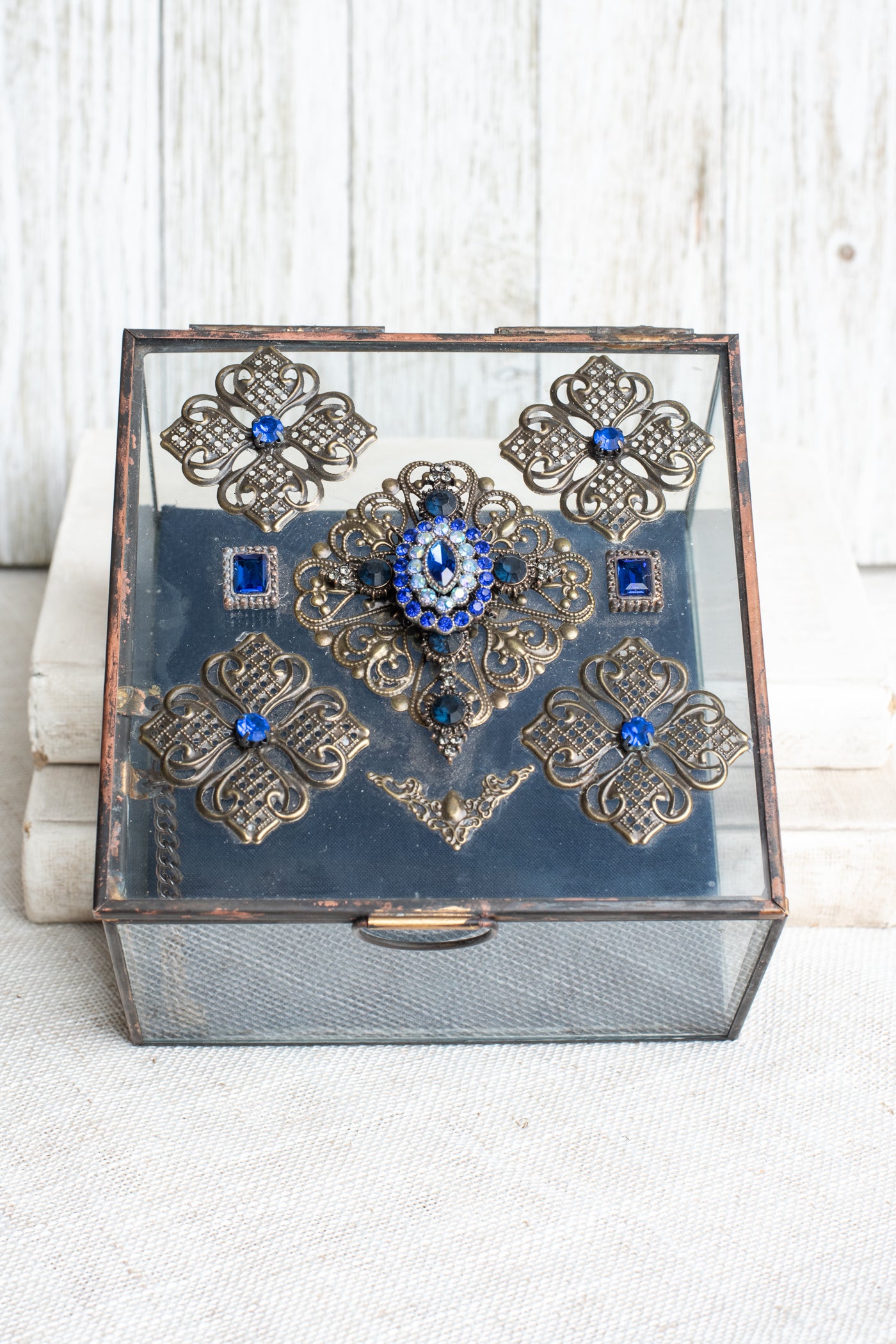 Decorative Glass Vintage Inspired Box with Large Black Rhinestone Cross and Cobalt Blue Rhinestone Elements