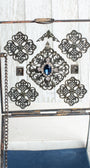 Decorative Glass Vintage Inspired Box with Large Black Rhinestone Cross and Cobalt Blue Rhinestone Elements