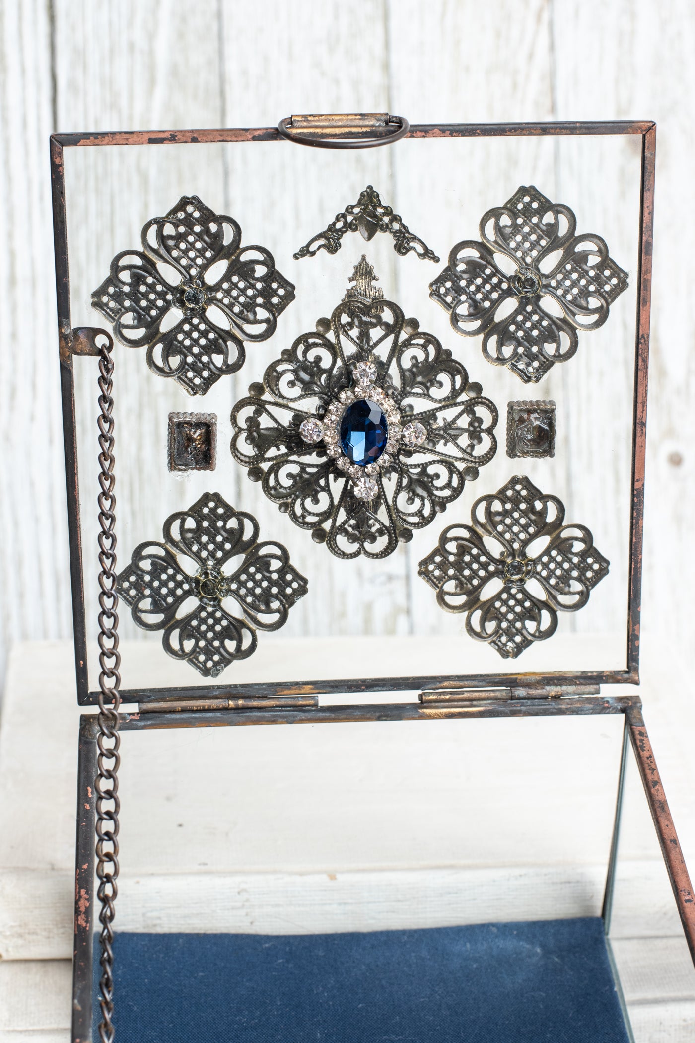 Decorative Glass Vintage Inspired Box with Large Black Rhinestone Cross and Cobalt Blue Rhinestone Elements