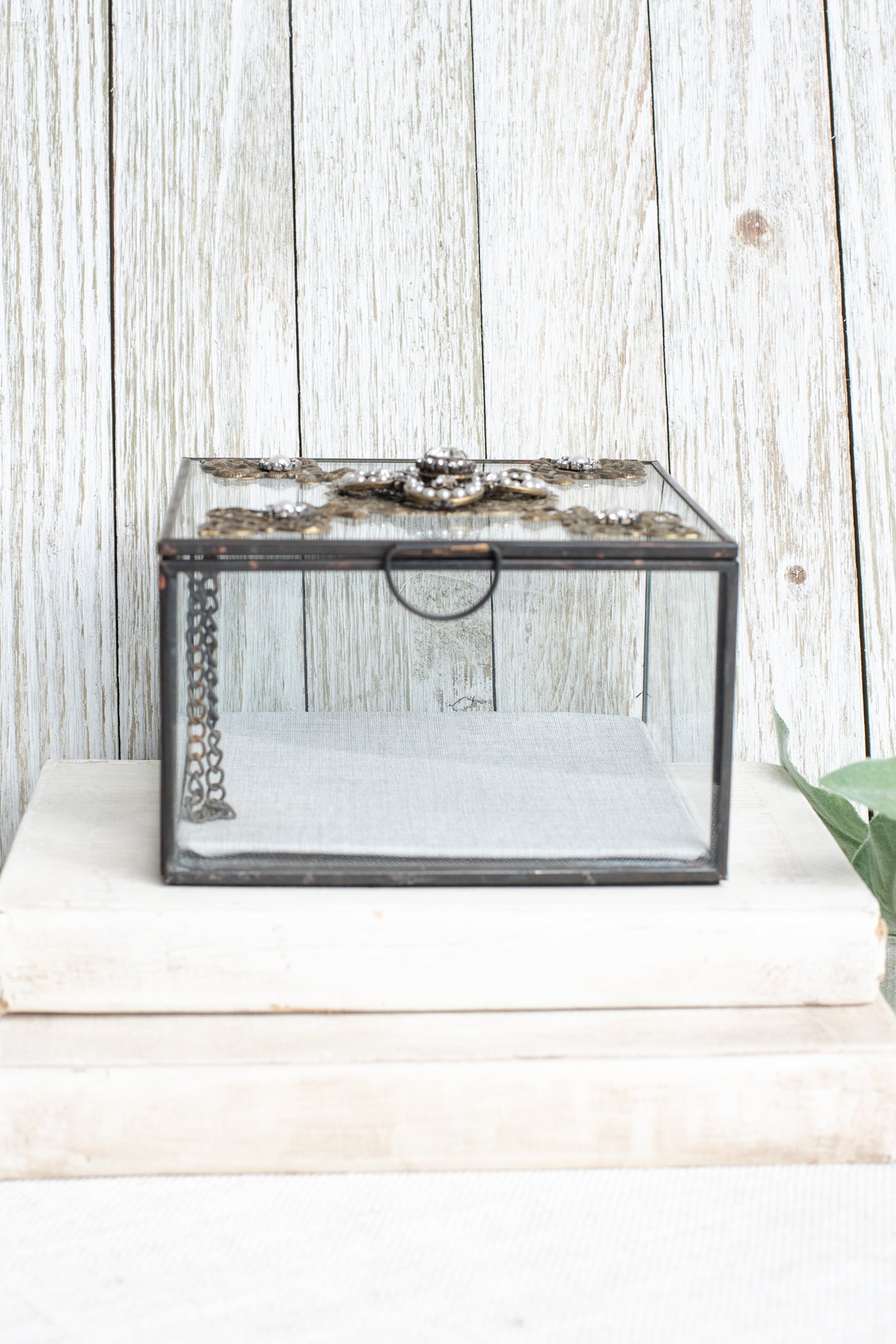 Vintage Inspired Unique Decorative Square Glass Box with Filigrees, Rhinestones and Pearls