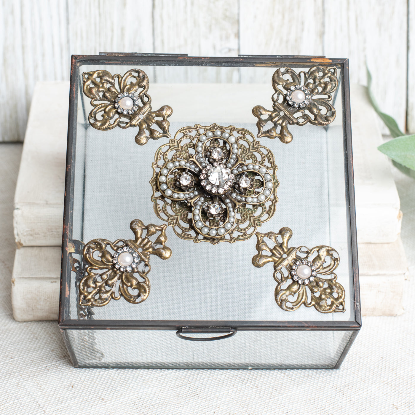 Vintage Inspired Unique Decorative Square Glass Box with Filigrees, Rhinestones and Pearls