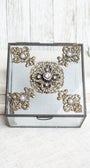 Vintage Inspired Unique Decorative Square Glass Box with Filigrees, Rhinestones and Pearls