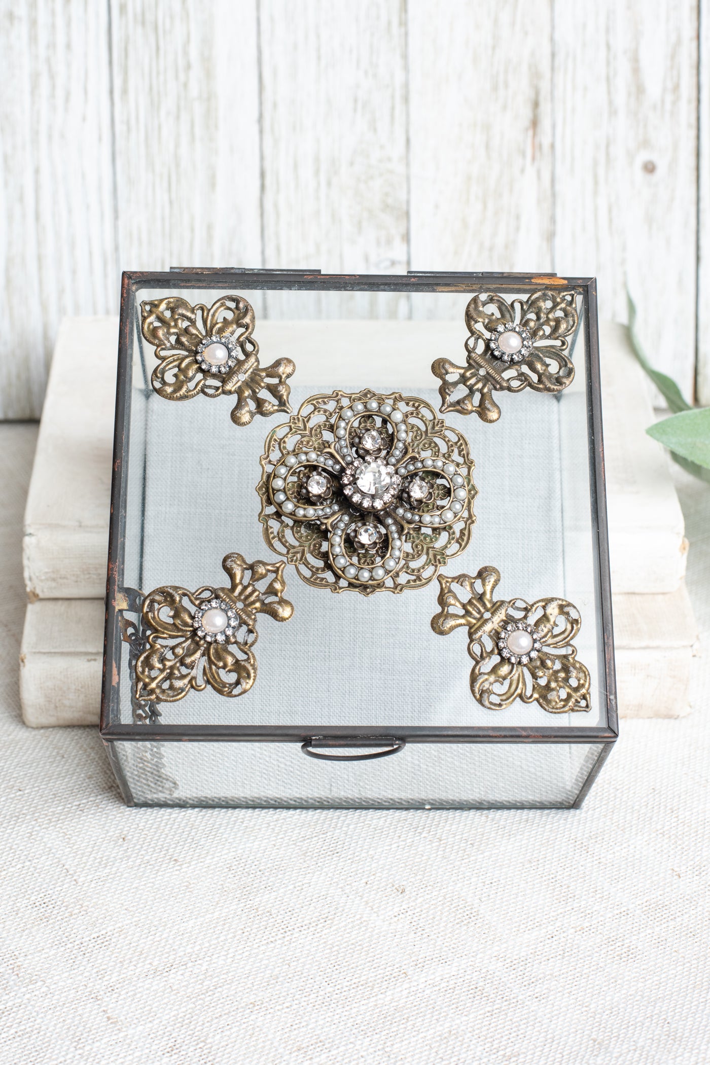 Vintage Inspired Unique Decorative Square Glass Box with Filigrees, Rhinestones and Pearls