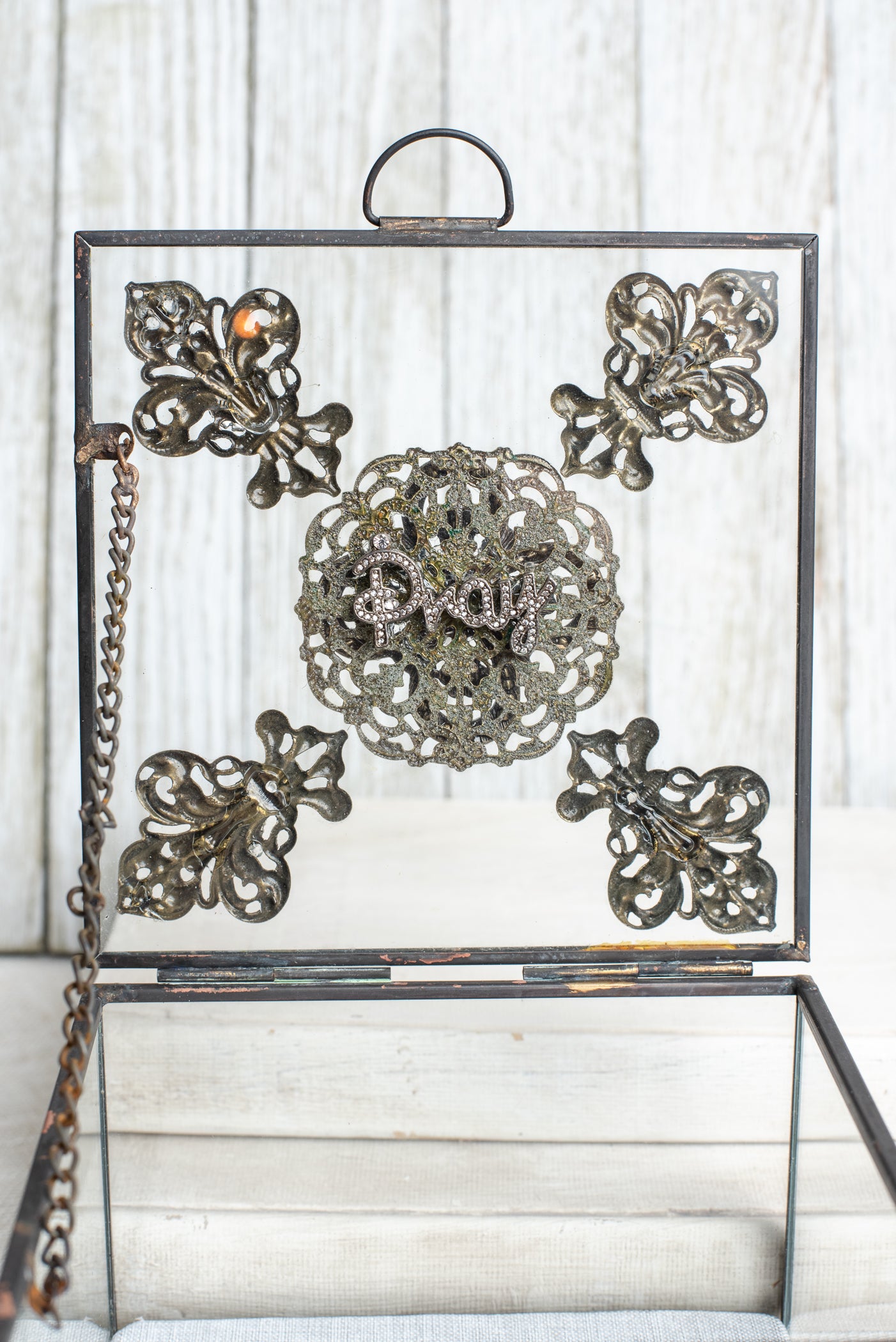 Vintage Inspired Unique Decorative Square Glass Box with Filigrees, Rhinestones and Pearls