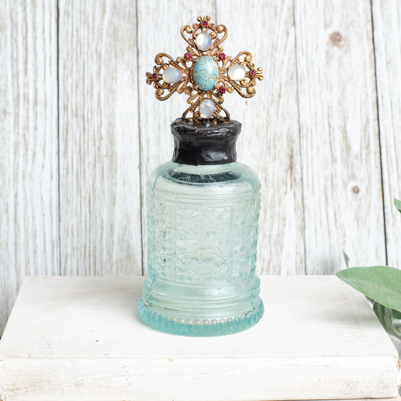 Antique Ornate Aqua Bottle with 1907 Vintage Jewelry Designer Cross Hand Soldered to Top