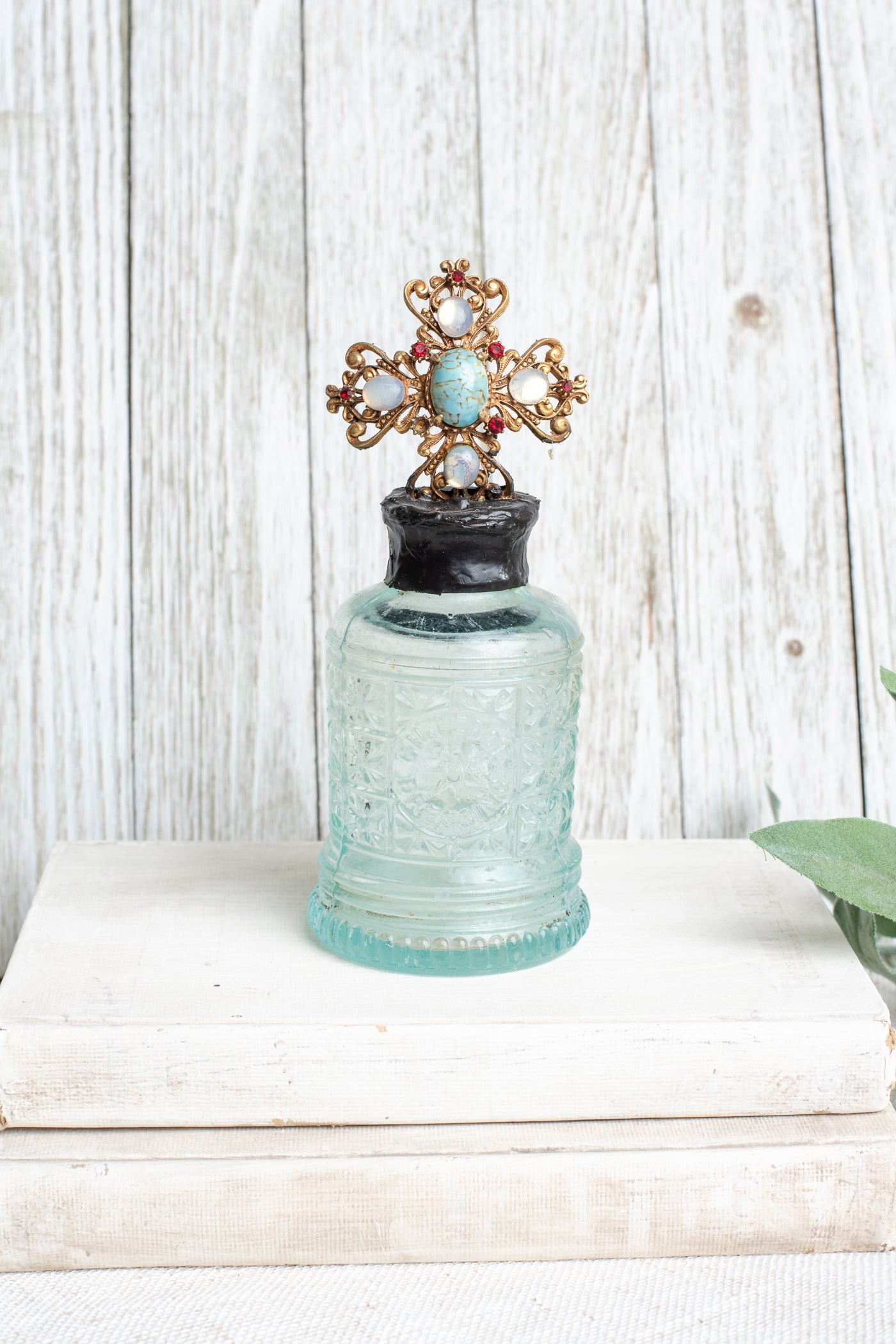 Antique Ornate Aqua Bottle with 1907 Vintage Jewelry Designer Cross Hand Soldered to Top