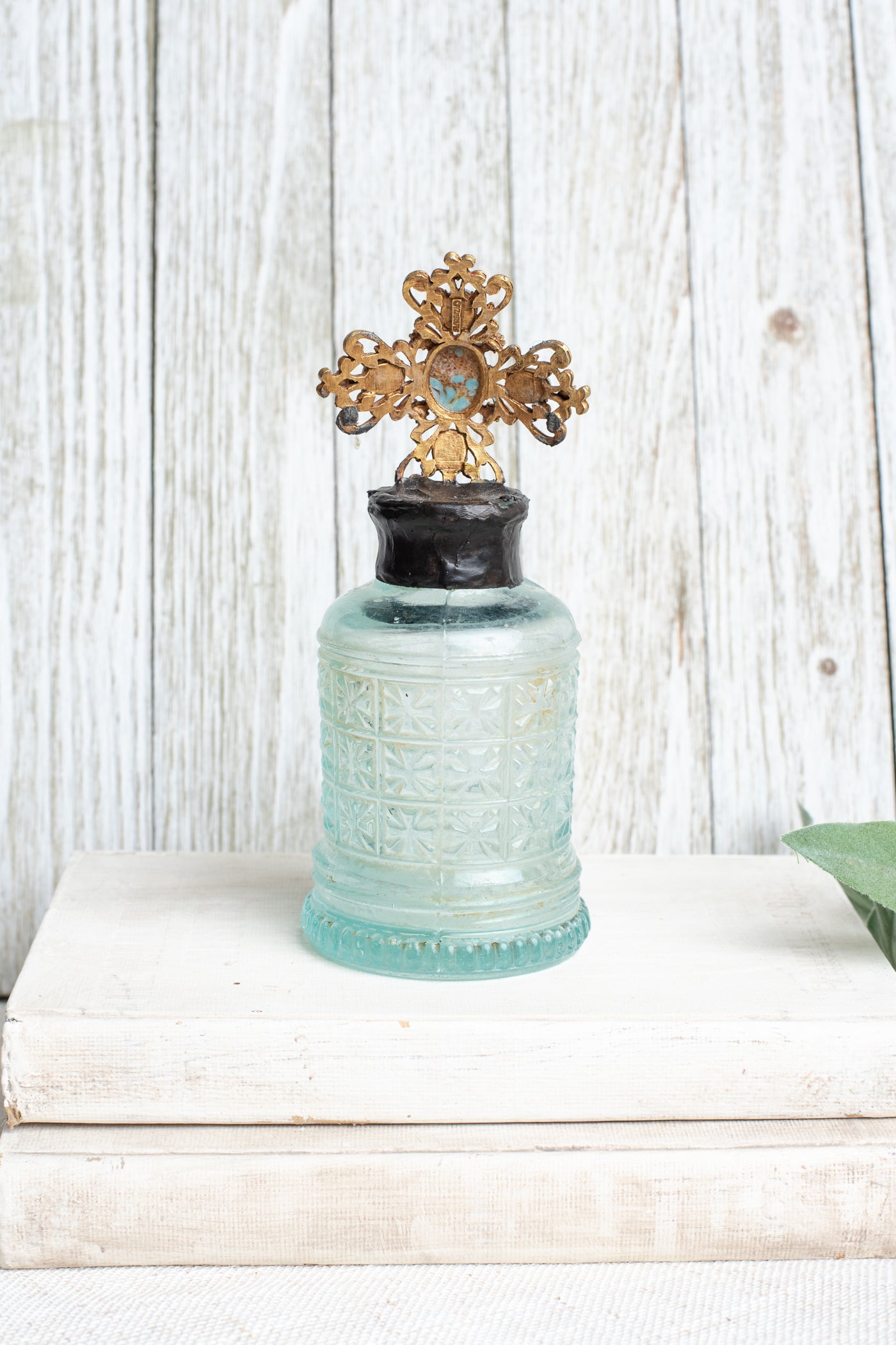 Antique Ornate Aqua Bottle with 1907 Vintage Jewelry Designer Cross Hand Soldered to Top